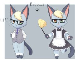 Rule 34 | 1boy, :&lt;, alternate costume, animal crossing, animal ears, animal feet, animal hands, animal nose, apron, barefoot, black-framed eyewear, black dress, blonde hair, blue fur, blue neckwear, body fur, border, bottomless, buttons, cat boy, cat ears, cat tail, character name, closed mouth, collared shirt, crossdressing, cup, dress, drink, duster, english text, formal, frilled apron, frilled dress, frills, full body, furry, furry male, glasses, green eyes, grey background, grey fur, grey vest, hand up, happy, heterochromia, highres, holding, holding cup, holding duster, japanese text, kryztar, leg up, looking at viewer, maid apron, male focus, mug, multiple views, necktie, nintendo, open mouth, orange eyes, outside border, outstretched arms, paw print, pawpads, pocket, raymond (animal crossing), shirt, short hair, short sleeves, simple background, smile, standing, standing on one leg, steam, swept bangs, tail, talking, translated, vest, white apron, white border, white fur, white shirt