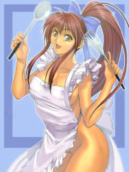 Rule 34 | 1girl, apron, breasts, cleavage, groin, homare (fool&#039;s art), large breasts, naked apron, ponytail, sideboob, solo, source request