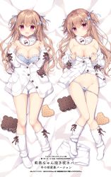 Rule 34 | 1girl, :d, bare shoulders, bed sheet, blue camisole, blush, bow, bow panties, breasts, brown hair, camisole, cleavage, comiket 99, commentary request, dakimakura (medium), frilled camisole, frills, grey panties, groin, hair between eyes, hands up, jacket, long hair, long sleeves, looking at viewer, lying, medium breasts, miyasaka miyu, multiple views, navel, nipples, no shoes, on back, open mouth, original, panties, panty pull, parted lips, pulled by self, red eyes, sample watermark, short shorts, shorts, sleeves past wrists, smile, socks, two side up, underwear, unworn shorts, very long hair, watermark, white jacket, white legwear, white shorts