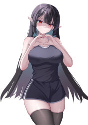 Rule 34 | 1girl, absurdres, bare shoulders, black hair, black shirt, black shorts, black thighhighs, breasts, closed mouth, copyright request, cowboy shot, ear piercing, expressionless, hands up, heart, heart hands, highres, kaijiba, large breasts, legs together, long hair, looking at viewer, nail polish, piercing, pointy ears, red eyes, red nails, shirt, shirt tucked in, shorts, skindentation, solo, thighhighs, very long hair