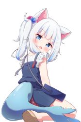 Rule 34 | 1girl, :o, animal ears, bag, blue dress, blue eyes, blue hair, blush, brown footwear, cat ears, cube hair ornament, dress, from behind, gawr gura, gawr gura (casual), hair ornament, highres, hololive, hololive english, looking at viewer, looking back, multicolored hair, official alternate costume, open mouth, sandals, setmen, shark, sharp teeth, shirt, shoe soles, shoulder bag, side ponytail, silver hair, simple background, sitting, sleeveless, sleeveless dress, solo, streaked hair, teeth, virtual youtuber, wariza, white background, white shirt