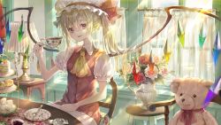 Rule 34 | 1girl, ascot, cake, chair, collared shirt, commentary, crystal, cup, curtains, flandre scarlet, floral print, flower, food, hat, hat ribbon, highres, holding, holding cup, lamp, looking at viewer, mob cap, neck ribbon, one side up, piyo (sqn2idm751), puffy short sleeves, puffy sleeves, red eyes, red flower, red ribbon, red rose, ribbon, rose, saucer, shirt, short sleeves, sitting, skirt, skirt set, smile, solo, stuffed animal, stuffed toy, sweets, table, tea set, teacup, teddy bear, touhou, tray, vase, waffle, white flower, white hat, white rose, white shirt, window, wings, yellow ascot
