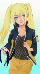Rule 34 | 1girl, artist request, black jacket, blonde hair, blue eyes, blush, breasts, cleavage, collarbone, facial mark, facing viewer, fishnet top, fishnets, forehead protector, genderswap, genderswap (mtf), happy, high collar, highres, holding, jacket, konohagakure symbol, large breasts, long hair, long sleeves, looking at viewer, multicolored clothes, multicolored jacket, naruko (naruto), naruto, naruto (series), naruto shippuuden, open clothes, open jacket, orange jacket, orange pants, pants, parted lips, smile, solo, standing, twintails, uzumaki naruto, whisker markings, whiskers