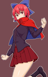 Rule 34 | 1girl, black footwear, black shirt, blue bow, boots, bow, breasts, brown background, cape, clenched hands, covered mouth, hair between eyes, hair bow, highres, kakone, leg up, long sleeves, looking at viewer, one-hour drawing challenge, pleated skirt, red cape, red eyes, red hair, red ribbon, red skirt, ribbon, ribbon-trimmed shirt, sekibanki, shirt, short hair, simple background, skirt, small breasts, solo, touhou