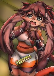 Rule 34 | 1girl, alien, animal ears, body fur, brown hair, energy sword, furry, furry female, highres, lightsaber, lop (star wars), open mouth, ponytail, rabbit ears, rabbit girl, sbyuto, smile, solo, star wars, star wars: visions, sword, thick eyebrows, very long ears, weapon