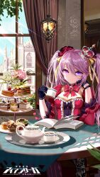 Rule 34 | 1girl, book, breasts, cake, cathedral, cleavage, copyright name, crown, cup, day, flower, food, full body, gloves, heterochromia, holding, holding cup, indoors, iron saga, logo, long hair, medium breasts, mini crown, official art, pink eyes, pink hair, purple eyes, second-party source, sitting, slokai (iron saga), solo, table, teapot, window