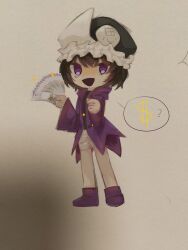 Rule 34 | 1other, absurdres, androgynous, black hair, black hat, black shirt, chibi, coat, dollar sign, frilled hat, frills, hat, highres, holding, holding money, hood, hood down, hooded coat, len&#039;en, long sleeves, mixed media, money, no nose, open mouth, other focus, purple coat, purple eyes, purple footwear, shirt, shitodo kuroji, shorts, smile, solo, spoken dollar sign, sryou548, white shorts, wide sleeves
