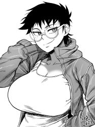 Rule 34 | 1girl, absurdres, arm on another&#039;s shoulder, black hair, breasts, freckles, glasses, highres, jacket, jane (nesz), large breasts, looking to the side, nesz r, shirt, short hair, signature, smile, solo, tomboy, white shirt