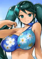 Rule 34 | 1girl, bare arms, bare shoulders, bikini, blue bikini, breasts, closed mouth, collarbone, ebizome, floral print, flower, green eyes, green hair, highres, isuzu (kancolle), kantai collection, large breasts, long hair, single-shoulder bikini, smile, solo, swimsuit, twintails, upper body, white flower