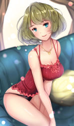 Rule 34 | 10s, 1girl, black panties, blonde hair, blue eyes, blurry, blush, bokeh, breasts, brown hair, camisole, cleavage, couch, depth of field, eyebrows, highres, idolmaster, idolmaster cinderella girls, jewelry, looking at viewer, mole, mole under eye, necklace, no pants, on couch, panties, pink hair, ribbed shirt, shirt, short hair, sitting, sleeveless, smile, solo, striped, takagaki kaede, underwear, untue
