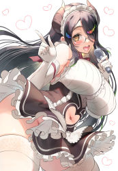Rule 34 | 1girl, :d, apron, asahina hikage, black hair, breasts, brown eyes, clothing cutout, commentary request, curvy, demon girl, demon horns, demon wings, frilled skirt, frills, glasses, gloves, hair over one eye, heart, highres, holding, holding microphone, horns, impossible clothes, index finger raised, indie virtual youtuber, itou life (vtuber), large breasts, long bangs, long hair, maid, maid apron, maid headdress, microphone, multicolored hair, music, navel, navel cutout, no panties, open mouth, plump, red neckwear, sidelocks, simple background, singing, skirt, smile, solo, standing, teeth, thick thighs, thighhighs, thighs, upper teeth only, virtual youtuber, white background, white gloves, white thighhighs, wings, zettai ryouiki