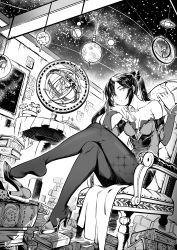 Rule 34 | 1girl, absurdres, bare shoulders, black pantyhose, book, chair, fork, genshin impact, high heels, highres, looking to the side, mona (genshin impact), monochrome, pantyhose, qingwa chi she, sky, solo, star (sky), starry sky, twintails