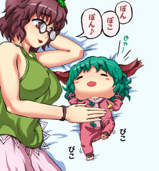 Rule 34 | 2girls, animal ears, baby, bare arms, bare shoulders, belly rub, blush, blush stickers, bracelet, breasts, brown eyes, brown hair, chemise, closed eyes, futatsuiwa mamizou, glasses, green hair, jewelry, kasodani kyouko, large breasts, leaf, leaf on head, lying, multiple girls, on back, on side, onesie, open mouth, pince-nez, romper, skirt, smile, tarokii, touhou, aged down