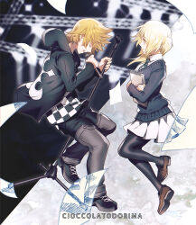 1boy 1girl alternate_costume artist_name black_cardigan black_jacket black_pants black_pantyhose black_shoes blonde_hair blue_eyes brown_shoes cardigan cioccolatodorima closed_eyes closed_mouth collared_shirt commentary commission contemporary english_commentary floating_hair from_side green_necktie highres holding holding_microphone holding_microphone_stand holding_notebook hood hood_down hooded_jacket jacket kingdom_hearts kingdom_hearts_ii long_hair long_sleeves microphone microphone_stand miniskirt music namine necktie notebook open_mouth pants pantyhose pleated_skirt pointy_hair profile roxas second-party_source shirt shoes short_hair singing skirt smile white_shirt white_skirt