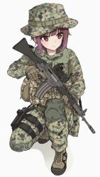 Rule 34 | 1girl, assault rifle, boonie hat, brown gloves, brown hair, camouflage, camouflage headwear, camouflage jacket, camouflage pants, gloves, green jacket, green pants, gun, highres, howa type 89, jacket, japan ground self-defense force, japan self-defense force, karuvo816, military, military uniform, original, pants, pink hair, rifle, scope, solo, squatting, trigger discipline, uniform, weapon, white background, woodland camouflage