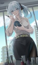 Rule 34 | 1girl, applying makeup, belt, black bow, black pantyhose, black skirt, blue eyes, blurry, blurry foreground, bow, braid, breasts, building, collared shirt, commentary request, compact (cosmetics), cosmetics, dress shirt, fate/grand order, fate (series), french braid, grey hair, hair between eyes, hair bow, highres, holding, holding lipstick tube, indoors, large breasts, lipstick, lipstick tube, long hair, makeup, morgan le fay (chaldea satellite station) (fate), morgan le fay (fate), office lady, official alternate costume, pantyhose, parted lips, pencil skirt, ponytail, shirt, side slit, skirt, sleeves rolled up, solo, standing, t0509f, very long hair, white belt, white shirt, window