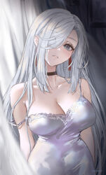 1girl atiarta7 bare_shoulders black_choker breasts choker cleavage curtains dress genshin_impact grey_dress grey_eyes head_tilt highres large_breasts long_hair shenhe_(genshin_impact) solo spaghetti_strap strap_slip upper_body very_long_hair white_hair