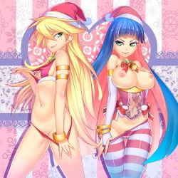 Rule 34 | 10s, 2girls, armband, bell, blonde hair, blue hair, bow, breasts, cameltoe, christmas, clothes pull, female focus, female pubic hair, gainax, green eyes, groin, hair over one eye, hat, highres, holly, large breasts, long hair, looking at viewer, lucknight, mistletoe, multicolored hair, multiple girls, navel, nipples, panties, panty &amp; stocking with garterbelt, panty (psg), panty pull, pantyhose, pantyhose pull, pink hair, pubic hair, santa hat, siblings, sisters, smile, socks, standing, stocking (psg), striped clothes, striped legwear, striped pantyhose, underwear