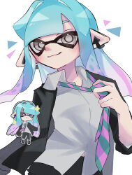 Rule 34 | 1girl, adjusting clothes, adjusting necktie, black pants, black suit, blue hair, breasts, chibi, chibi inset, collared shirt, earrings, formal, gradient hair, green necktie, grey eyes, hand up, highres, icebo x x, inkling, inkling girl, inkling player character, jewelry, light blue hair, long hair, looking at viewer, loose necktie, multicolored hair, necktie, nintendo, pants, pink hair, pink necktie, pointy ears, shirt, simple background, small breasts, sparkle, splatoon (series), splatoon 3, striped necktie, suit, tentacle hair, upper body, white background, white shirt