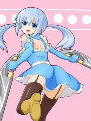 Rule 34 | 1girl, :d, ass, back, bad id, bad pixiv id, bare shoulders, black thighhighs, blade, blue dress, blue eyes, blue gloves, blue hair, blue shil of mercy, blush, boots, breasts, colored eyelashes, covered erect nipples, dress, dual wielding, elbow gloves, floating hair, frilled dress, frills, from behind, garter straps, gloves, happy, holding, holding weapon, knee boots, konmo hissorii, large breasts, leg lift, long hair, looking at viewer, looking back, lord of valkyrie, lord of walkure, matching hair/eyes, open mouth, outstretched arm, pink background, running, scrunchie, short dress, sideboob, sidelocks, simple background, smile, solo, sword, taut clothes, taut dress, thighhighs, weapon