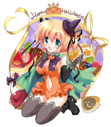 Rule 34 | 1girl, :d, aqua eyes, bad id, bad pixiv id, blonde hair, cake, candy, clothing cutout, food, fruit, gloves, halloween, hat, hizuki yayoi, jack-o&#039;-lantern, kamikita komari, kneeling, leotard, little busters!, lollipop, navel, navel cutout, open mouth, pudding, pumpkin, short hair, smile, solo, strawberry, thighhighs, twintails, witch hat