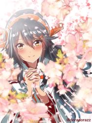 Rule 34 | 1girl, black hair, blush, brown eyes, cherry blossoms, commentary request, hair between eyes, hair ornament, hairclip, haruna (kancolle), haruna kai ni (kancolle), highres, kantai collection, long hair, looking at viewer, nontraditional miko, one-hour drawing challenge, red skirt, roko roko (doradorazz), skirt, smile, solo, twitter username, upper body