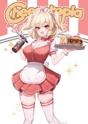 1girl :d absurdres alternate_costume blonde_hair breasts burger burnice_white cleavage collarbone commentary_request food french_fries highres looking_at_viewer medium_breasts open_mouth red_eyes red_scarf red_skirt scarf short_hair skirt smile solo standing taiyaki12 thighhighs thighs twintails white_thighhighs zenless_zone_zero zettai_ryouiki