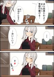 Rule 34 | ..., 10s, 1girl, 3koma, ^ ^, alternate hairstyle, apron, black apron, blue eyes, blush, chair, closed eyes, comic, closed eyes, girls und panzer, hand rest, hinomaru (futagun), indoors, itsumi erika, long hair, long sleeves, looking at viewer, open mouth, ponytail, red shirt, shirt, silver hair, sitting, solo, table, translation request, tsundere