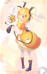 Rule 34 | 1girl, :d, blonde hair, boots, commentary request, creature and personification, creatures (company), dedenne, dress, frills, game freak, gen 6 pokemon, grey eyes, hair ornament, hair ribbon, hairclip, highres, holding, knees, looking at viewer, neck ribbon, nintendo, open mouth, personification, pigeon-toed, pokemon, pokemon (creature), ribbon, s (happycolor 329), short hair, short sleeves, smile, teeth, tongue, upper teeth only, yellow ribbon