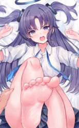 Rule 34 | 1girl, 1other, absurdres, ass, bare legs, barefoot, black skirt, blue archive, blurry, blush, breasts, camera, feet, foot focus, halo, hands up, head tilt, highres, long hair, looking at viewer, lying, mechanical halo, medium breasts, mi taro333, necktie, on back, open mouth, pink hair, pov, pov hands, purple eyes, purple hair, shirt, skirt, soles, sweatdrop, toes, two side up, undone necktie, v-shaped eyebrows, white shirt, yuuka (blue archive)