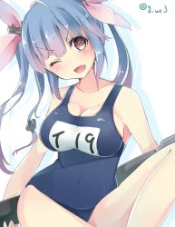 Rule 34 | &gt;;d, 10s, 1girl, ;d, bad id, bad pixiv id, blue hair, blush, breasts, brown eyes, cleavage, clothes writing, colored shadow, covered navel, fang, gradient hair, hair ornament, hair ribbon, head tilt, i-19 (kancolle), kantai collection, large breasts, multicolored hair, navy (navy.blue), one-piece swimsuit, one eye closed, open mouth, pink hair, ribbon, school swimsuit, shadow, smile, star-shaped pupils, star (symbol), swimsuit, symbol-shaped pupils, torpedo, twitter username, v-shaped eyebrows