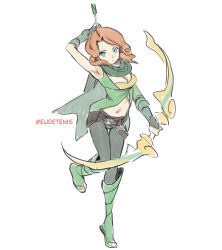 Rule 34 | 1girl, arm guards, armpits, arms behind head, arrow (projectile), artist name, boots, bow (weapon), breasts, cleavage, cleavage cutout, clip studio paint (medium), closed mouth, clothing cutout, dota (series), dota 2, eudetenis, full body, green eyes, green footwear, green pants, green scarf, green shirt, highres, holding, holding arrow, holding bow (weapon), holding weapon, long hair, looking at viewer, medium breasts, navel, orange hair, pants, quiver, scarf, shirt, simple background, solo, standing, standing on one leg, stomach, stomach cutout, twitter username, weapon, white background, windranger (dota)