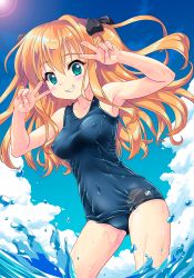 Rule 34 | 1girl, aqua eyes, armpits, blonde hair, blue sky, blush, bow, breasts, cloud, cloudy sky, commentary request, contrapposto, covered erect nipples, covered navel, day, double v, fisheye, grin, hair between eyes, hair bow, hands up, lens flare, long hair, looking at viewer, medium breasts, one-piece swimsuit, original, outdoors, school swimsuit, sideways mouth, sky, smile, solo, standing, swimsuit, taut clothes, taut swimsuit, teeth, two side up, v, water, yukuruu