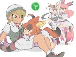 Rule 34 | 4girls, ^ ^, all fours, animal ears, antenna hair, arm up, bird girl, bird tail, bird wings, black hair, blonde hair, breast pocket, brown hair, captain (kemono friends), captain (kemono friends) (cosplay), closed eyes, closed mouth, collared shirt, cosplay, dancing, dhole (kemono friends), dog ears, dog girl, dog tail, eyelashes, facing another, fang, flying sweatdrops, foot up, gloves, grey hair, hand on own hip, hat, head wings, helmet, highres, igarashi (nogiheta), kemono friends, kemono friends 3, king cobra (kemono friends), leaning back, long hair, looking at another, medium hair, multicolored eyes, multicolored hair, multiple girls, open mouth, orange hair, outstretched arm, parted lips, pink hair, pith helmet, pocket, red eyes, red hair, royal penguin (kemono friends), scarlet ibis (kemono friends), shirt, shoes, short sleeves, shorts, sitting, smile, snake tail, tail, tan, two-tone hair, very long hair, wing collar, wings, yellow eyes