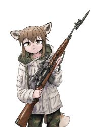 Rule 34 | 1girl, :&lt;, absurdres, animal ears, bayonet, brown eyes, brown hair, fox ears, fox girl, fox girl (yihan1949), fox tail, gun, highres, holding, holding weapon, looking at viewer, military uniform, original, rifle, scope, simple background, sniper rifle, solo, standing, tail, uniform, weapon, white background, yihan1949