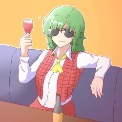 Rule 34 | 1girl, alcohol, ascot, bottle, breasts, collared shirt, cup, drinking glass, green hair, highres, kazami yuuka, mata (matasoup), medium hair, plaid, plaid vest, red skirt, shirt, sitting, skirt, small breasts, smile, solo, sparkle, sunglasses, table, touhou, vest, wine, wine bottle, wine glass