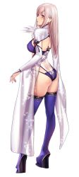 Rule 34 | 1girl, alternate costume, applekun, ass, blue eyes, blush, boots, breasts, bridal gauntlets, commentary, fate/grand order, fate (series), feather trim, fingernails, floral print, from behind, full body, gold trim, hair down, high heel boots, high heels, highleg, highleg swimsuit, highres, long hair, medium breasts, miyamoto musashi (fate), miyamoto musashi (fate/grand order), miyamoto musashi (swimsuit berserker) (fate), miyamoto musashi (swimsuit berserker) (third ascension) (fate), parted lips, platform boots, platform footwear, see-through, simple background, standing, swimsuit, thigh boots, thighhighs, thighs, wedge heels, wide sleeves