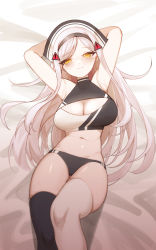 Rule 34 | 1girl, absurdres, armpits, arms behind head, arms up, asymmetrical legwear, bare arms, bare shoulders, bed sheet, bikini, black bikini, black lilith (last origin), black thighhighs, breasts, cleavage, cleavage cutout, clothing cutout, hat, highres, large breasts, last origin, long hair, looking at viewer, lying, mismatched legwear, navel, on back, sbgu, smile, solo, stomach, swimsuit, thighhighs, white hair, white thighhighs, yellow eyes