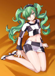 Rule 34 | 1girl, alternate hairstyle, brown background, checkered clothes, checkered shirt, checkered skirt, crop top, crop top overhang, female focus, full body, gradient background, hair over one eye, hairband, hatsune miku, high heels, highres, kneeling, light smile, long hair, looking at viewer, louis vuitton (brand), midriff, miniskirt, navel, open \m/, pumps, sameha ikuya, shirt, shoes, skirt, smile, solo, twintails, vocaloid