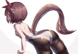 Rule 34 | 1girl, absurdres, alternate costume, animal ears, ass, backless leotard, bare shoulders, black pantyhose, blush, bob cut, breasts, clothing cutout, commentary request, ear ornament, from behind, highres, horse ears, horse girl, horse tail, leotard, nape, nishino flower (umamusume), nontraditional playboy bunny, open mouth, pantyhose, purple eyes, saikuu, short hair, simple background, small breasts, smile, solo, strapless, tail, tail through clothes, teeth, thighband pantyhose, umamusume, upper teeth only, white background, white leotard