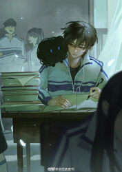 Rule 34 | 1girl, 2boys, bai liu, bishounen, blurry, blurry background, book, brown eyes, brown hair, chibi, closed mouth, curtains, earphones, glint, headphones, highres, holding, holding pen, i became a god in a horror game, indoors, looking at another, multiple boys, open book, pen, school uniform, single earphone removed, sitting, sparkle, talking, tavel, upper body, weibo 2636199477, wind