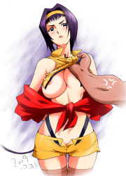 Rule 34 | 1990s (style), 1girl, 2009, anger vein, areola slip, arms behind back, bad id, bad pixiv id, bare shoulders, blush, breasts, brown thighhighs, clothes pull, cowboy bebop, cowboy shot, dated, facing viewer, faye valentine, hairband, headband, jacket, kon-kit, large breasts, legs together, male hand, midriff, nipple slip, nipples, off-shoulder jacket, off shoulder, open clothes, open shorts, parted bangs, purple background, purple hair, red jacket, restrained, retro artstyle, revealing clothes, shirt pull, short hair, shorts, simple background, solo, standing, thigh gap, thighhighs, tied jacket, two-tone background, white background, yellow hairband, yellow shorts