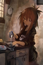 Rule 34 | 1girl, absurdres, alternate costume, black shirt, bowl, brown eyes, brown hair, clock, clothes writing, folded ponytail, hair between eyes, highres, inazuma (kancolle), indoors, kaamin (mariarose753), kantai collection, kitchen, long hair, milk, milk carton, pouring, shirt, smile, solo, the milkmaid, whisk, window