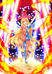 Rule 34 | 1girl, absurdly long hair, american flag dress, american flag legwear, arm up, blonde hair, blush, clownpiece, danmaku, fairy wings, full body, gradient background, hat, jester cap, long hair, looking at viewer, nanaharu (0420), open mouth, outstretched arms, pink eyes, print legwear, short sleeves, smile, solo, star (symbol), striped, striped background, touhou, very long hair, wings