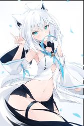 Rule 34 | 1girl, ahoge, animal ears, aqua eyes, armpits, black shorts, blue neckerchief, braid, breasts, cutout above navel, detached sleeves, ear piercing, earrings, fingernails, fox ears, fox girl, fox shadow puppet, fox tail, front slit, grey hair, groin, hair between eyes, highres, hololive, jewelry, long hair, looking at viewer, mouth hold, navel, neckerchief, neckerchief in mouth, nerusu, piercing, shirakami fubuki, shirakami fubuki (1st costume), short shorts, shorts, side braid, single earring, small breasts, solo, strapless, tail, thigh strap, virtual youtuber, white sleeves, wide sleeves