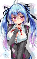 Rule 34 | 1girl, ahoge, black ribbon, blue hair, blue skirt, blush, breasts, breasts squeezed together, cardigan, cleavage, collared shirt, copyright request, dated, embarrassed, grey cardigan, hair ribbon, highres, large breasts, long hair, long sleeves, looking at viewer, mokufuu, neck ribbon, pink eyes, plaid, plaid skirt, pleated skirt, red ribbon, ribbon, shadow, shirt, skirt, solo, twintails, white shirt