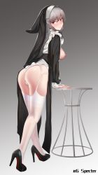 Rule 34 | 1girl, absurdres, arknights, black dress, blush, breasts, breasts out, character name, clothes lift, dress, dress lift, from behind, full body, garter belt, habit, highres, large breasts, leaning forward, legs, long hair, long sleeves, looking at viewer, looking back, nipples, nun, panties, parted lips, playerz, red eyes, sharp teeth, silver hair, solo, specter (arknights), standing, table, teeth, thighhighs, underwear, v-shaped eyebrows, very long hair, white panties, white thighhighs