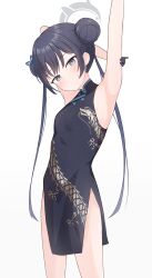 Rule 34 | 1girl, absurdres, armpits, arms up, black dress, black gloves, black hair, blue archive, breasts, china dress, chinese clothes, closed mouth, commentary, double bun, dragon print, dress, gloves, hair bun, hair ornament, halo, highres, kisaki (blue archive), long hair, looking at viewer, nonddu, pelvic curtain, side slit, simple background, sleeveless, sleeveless dress, small breasts, solo, sweat, twintails