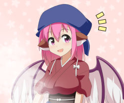 Rule 34 | 1girl, belt, blue headwear, blue scarf, blush, bow, breasts, brown belt, brown dress, brown kimono, brown sleeves, cato (monocatienus), dress, hair between eyes, head scarf, japanese clothes, kimono, looking at viewer, medium breasts, mystia lorelei, okamisty, open mouth, pink background, pink eyes, pink hair, pointy ears, scarf, short hair, short sleeves, smile, solo, star (symbol), starry background, touhou, upper body, white bow