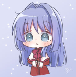 Rule 34 | 1girl, :o, blue eyes, blue hair, blush, bow, capelet, dress, grey background, hair between eyes, hair intakes, highres, kanon, long hair, long sleeves, looking at viewer, minase nayuki, open mouth, pink bow, red dress, school uniform, signature, simple background, snowing, solo, upper body, utuigawa, white capelet
